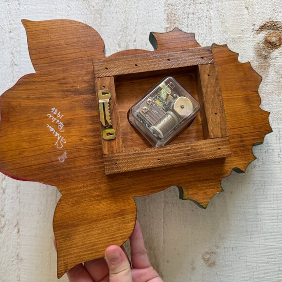 Vintage Hand Painted Wood Rudolph the Reindeer Wall Hanger with Music Box - Picture 6 of 9